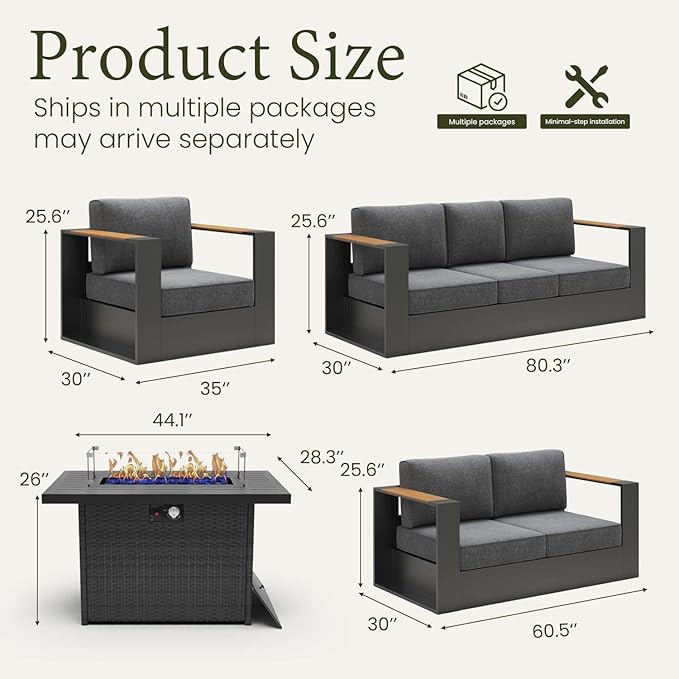 LayinSun 5 Pieces Aluminum Patio Furniture Set with Fire Pit Table, Oversized Outdoor Conversation Set 7 Seats with 6" Thick Cushions for Outside Porch, Balcony, Deck