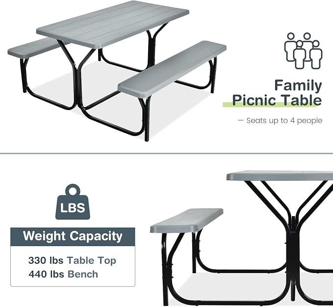 COSTWAY Outdoor Picnic Table, HDPE Plastic Picnic Table Bench Set with Weather Resistant Tabletop & Wood Texture, Ideal for Patio, Backyard (59" D x 54" W x 28.5" H,Grey)