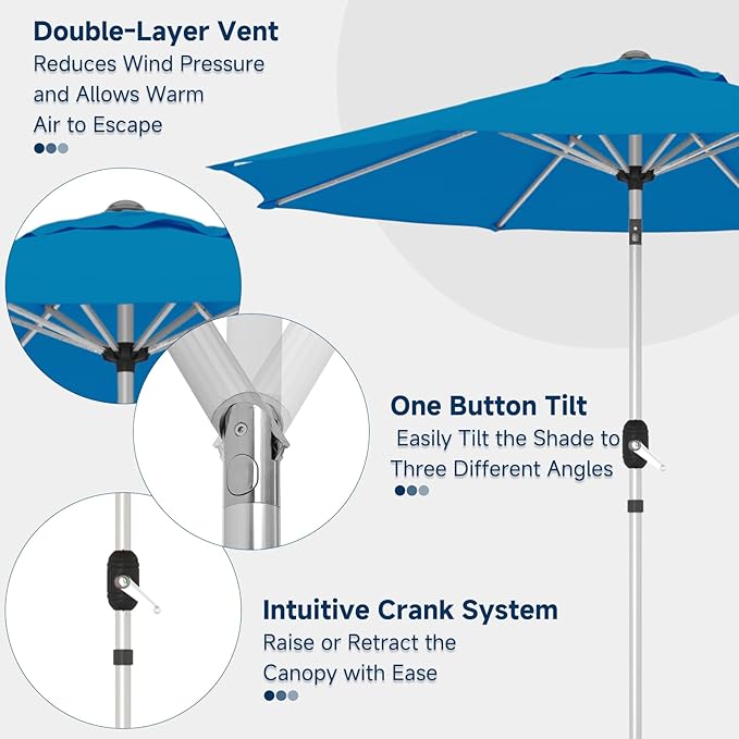 9FT Aluminum Outdoor Patio Umbrella, Fade-Resistant Market Umbrella with Push Button Tilt Function, 8 Sturdy All-Aluminum Ribs for Gardens, Patios, Backyards & Pools