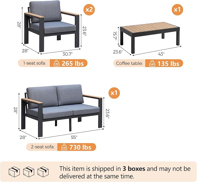 4-Piece 4-Seater Aluminum Patio Furniture Set,Outdoor Patio Table and Chairs Set with 2 Single Chairs+Loveseat+Coffee Table, 1.5mm Thick Rustproof Frame, Waterproof Washable Cushions for Porch Deck