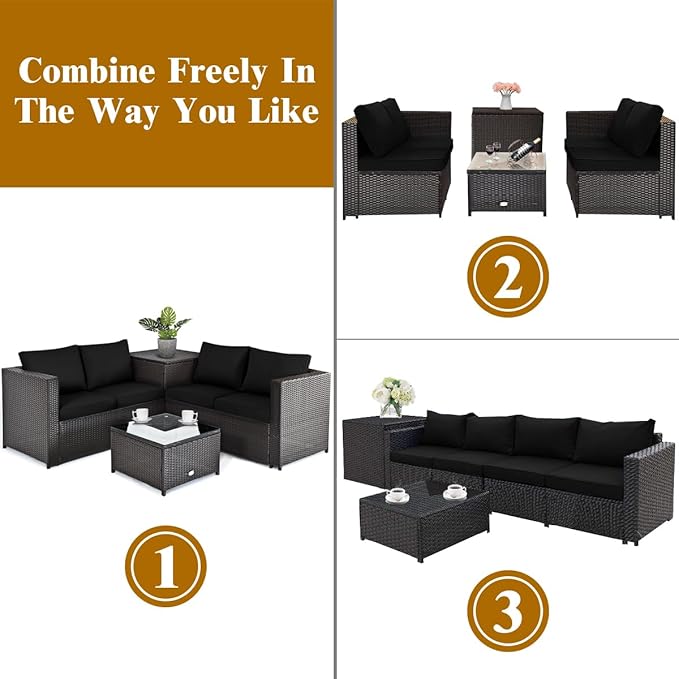 Tangkula 4 Piece Wicker Patio Set with Storage, All Weather-Proof Outdoor Conversation Set with Loveseat, Glass Top Coffee Table & Storage Box, Suitable for Garden, Poolside, Sunroom (1, Black)