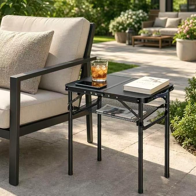 Yriuat Outdoor Side Table, Portable 3 Adjustable Height Small Outdoor Folding Table, Aluminum Foldable Patio Side Tables for Outside Indoor, Plant Stand Coffee End Table for Pool, Porch,Garden(Black)