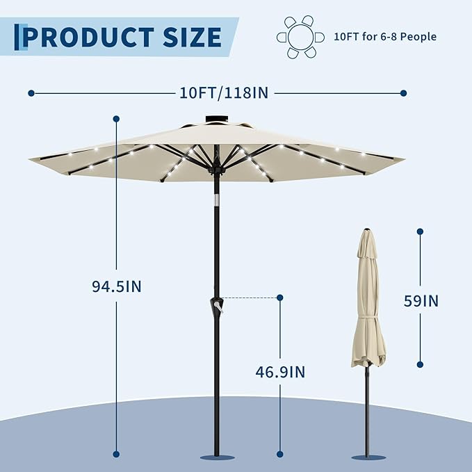 Garvee 9/10 FT Solar Patio Umbrella with 32 LED Lights - Outdoor Table Umbrella with Crank Lift, Push Button Tilt and 8 Sturdy Ribs - Market Umbrella UV Protection for Pool, Deck, Yard, Garden