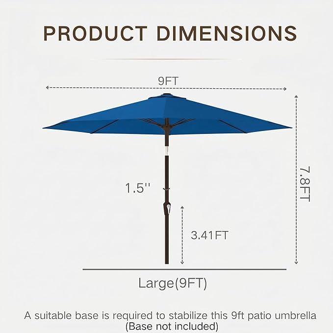Kingdura 9FT Outdoor Patio Umbrella, Market Table Umbrella with Push Button Tilt and Crank, 8 Sturdy Fiberglass Ribs, UV Protection for Pool, Lawn, Deck, Backyard, Garden (Royal blue)