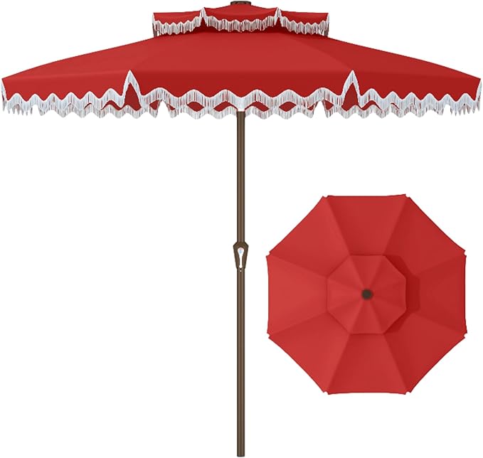Patiokingdom 9FT Patio Umbrella with Fringe,Tassel Umbrella UPF 50+ & Push-Button Tilt,Rust-Resistant Fiberglass Frame for Pool,Garden,Backyard,Yard (Red)
