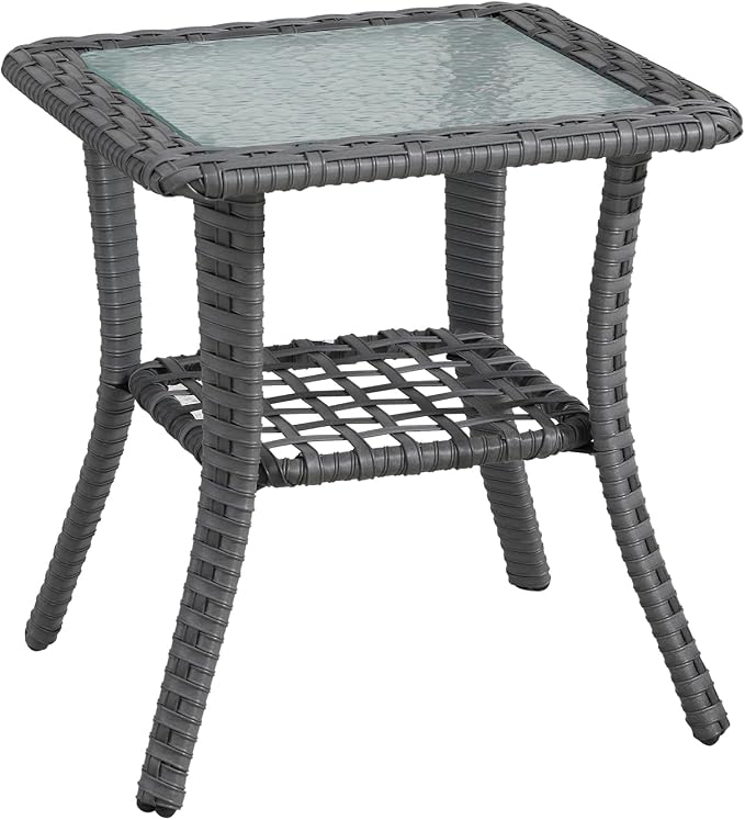 Patio Tables Wicker Side Table, Rattan End Table with Glass Top for Outdoor Outside Patio Porch Deck Square Brown