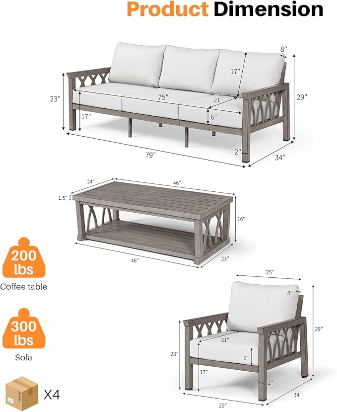 Aluminum Patio Conversation Set, 4-Piece Outdoor Sofa Set with Loveseat, 2 Armchairs, and Coffee Table, Outdoor Patio Furniture Set with Thick Cushions for Backyard, Balcony, Lawn, Limed Oak
