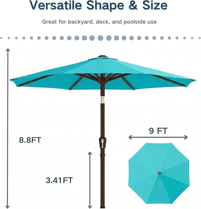 PatioKingdom 9FT Patio Outdoor Umbrella-UPF 50+ Sun Shade with Wind Vent, Push-Button Tilt & Smooth Crank Lift, Rust-Resistant Fiberglass Frame for Garden, Backyard,Yard (Peacock Blue)