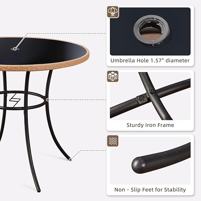 AVAWING 35.6-Inch Round Outdoor Dining Table for 4-6, All-Weather Steel Frame & Glass Tabletop with Umbrella Hole, Patio Furniture for Garden, Backyard, Poolside, Black(Only Table)