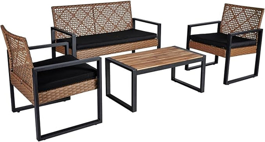 Outdoor Patio Furniture Set, 4 Piece Rattan Wicker Sectional with Loveseat Couch Sofa, Coffee Table and Chairs, Conversation Seating for Balcony, Porch, Deck, Backyard, Muebles de Exterior