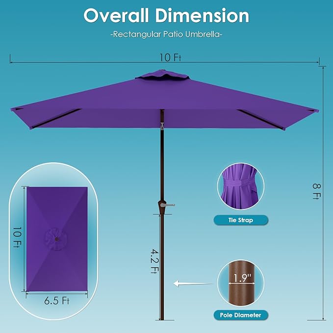 GREENVINES 6.5X10 FT Rectangular-Patio-Umbrella | Outdoor-Table-Umbrellas | 6 Sturdy Steel Ribs | Push Button Tilt & Crank | Waterproof | Market Umbrella | for Pool Backyard Garden Deck | Purple