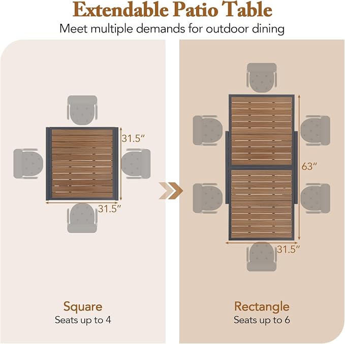 Tangkula 31.5"-63" Extendable Patio Dining Table, Aluminum Outdoor Dining Table for 4-6 People, L-Shaped Brace Included for Fixation, Space-Saving Expandable Table for Garden, Porch, Yard, Poolside