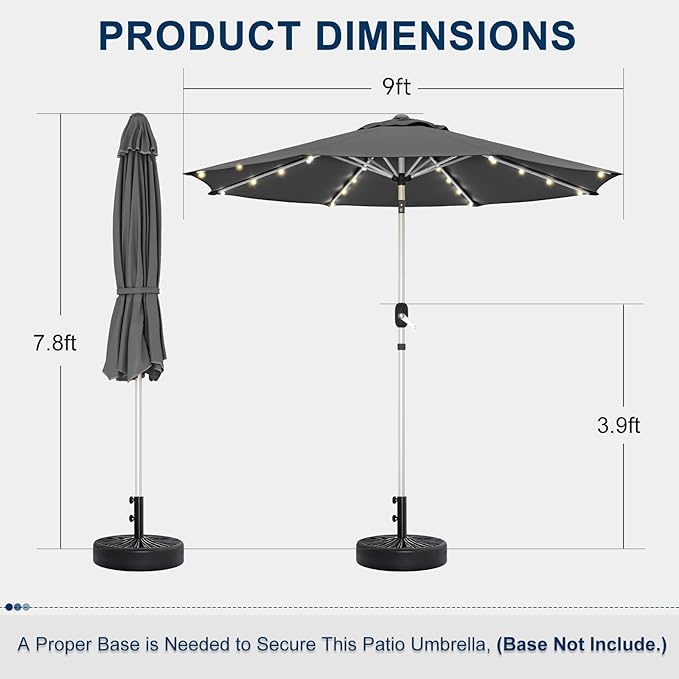 9FT Aluminum Patio Umbrella with 40-LED Solar Lighted, Fade-Resistant Outdoor Market Table Umbrella with Push Button Tilt Function, 8 Sturdy All-Aluminum Ribs for Gardens, Decks, Backyards & Pools