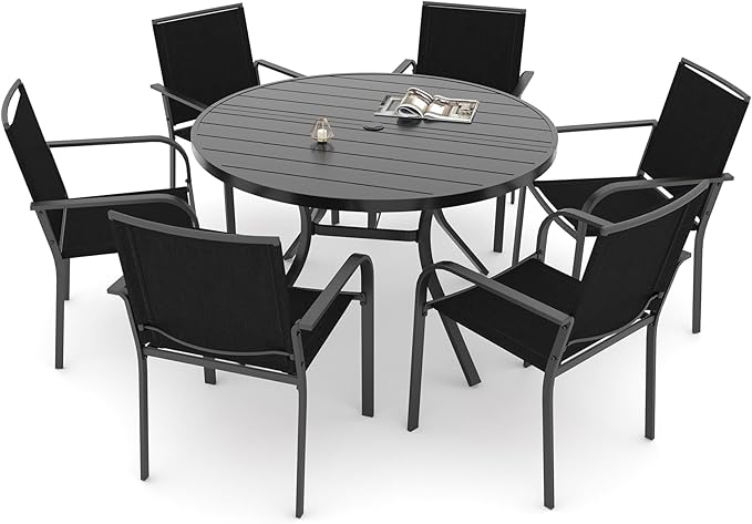 Anmutig 7-Piece Outdoor Dining Set, 48'' Round Table with 6 Stackable Chairs All Weather Furniture Set - Black