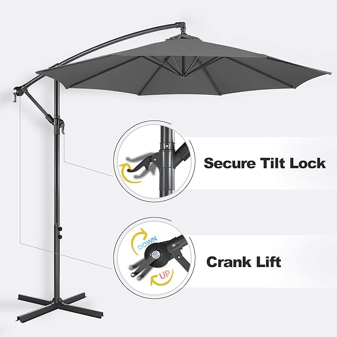 FLAME&SHADE 10ft Cantilever Patio Umbrella Outdoor, Large Offset Umbrella with Crank and Cross Base, UPF 50+ UV Protection Hanging Umbrella for Pool Deck Garden (Anthracite)
