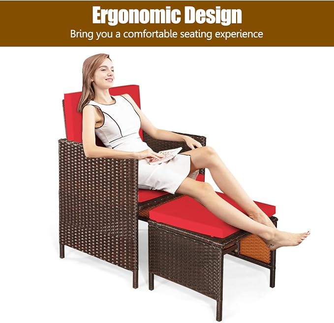 RELAX4LIFE 9-Piece Outdoor Dining Set - Patio Wicker Furniture Set w/Acacia Wood Tabletop, Soft Seat & Back Cushions, Dining Table & Chair Set for Backyard, Poolside (Red)