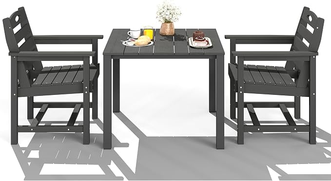 Domi HDPE Outdoor Dining Set, All-Weather Outdoor Dining Table Set of 3 with 2" Umbrella Hole, Outdoor Patio Dining Set for Garden, Poolside, Backyard, Deck, Grey