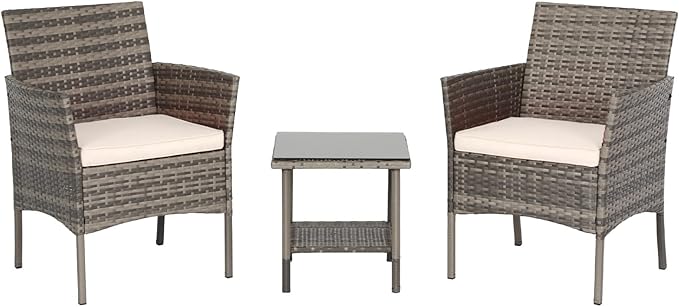 3 Pieces Patio Furniture Outdoor Bistro Set Outdoor&Indoor Conversation Set Coffee Table Chairs Set for 2 with Water-Resistant Cushions for Lawn Yard Garden Porch Balcony and Pool,Grey and Khaki