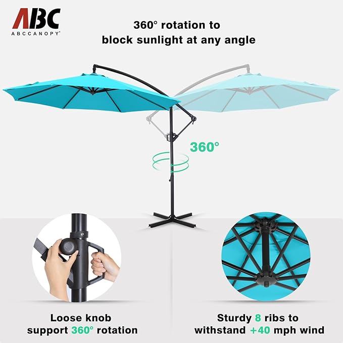 ABCCANOPY 10FT Cantilever Patio Umbrella with base included, 360° Rotation Outdoor Offset Umbrella for Backyard, Deck, Poolside (Turquoise)