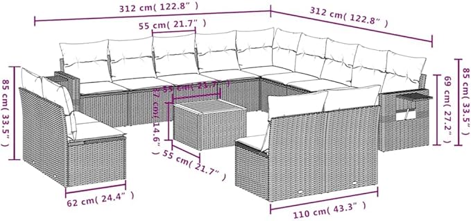 vidaXL Patio Sofa Set with Cushions 14 Piece, Outdoor Conversation Set, Sectional Sofa for Balcony Garden, Patio Furniture, Gray Poly Rattan