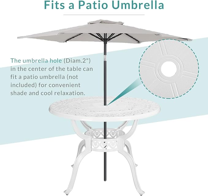MEETWARM 5-Piece Outdoor Patio Dining Set, All-Weather Cast Aluminum Patio Conversation Set with 4 Cushions Swivel Rocker Chairs for Backyard Garden Deck and 38.5" Round Table, White
