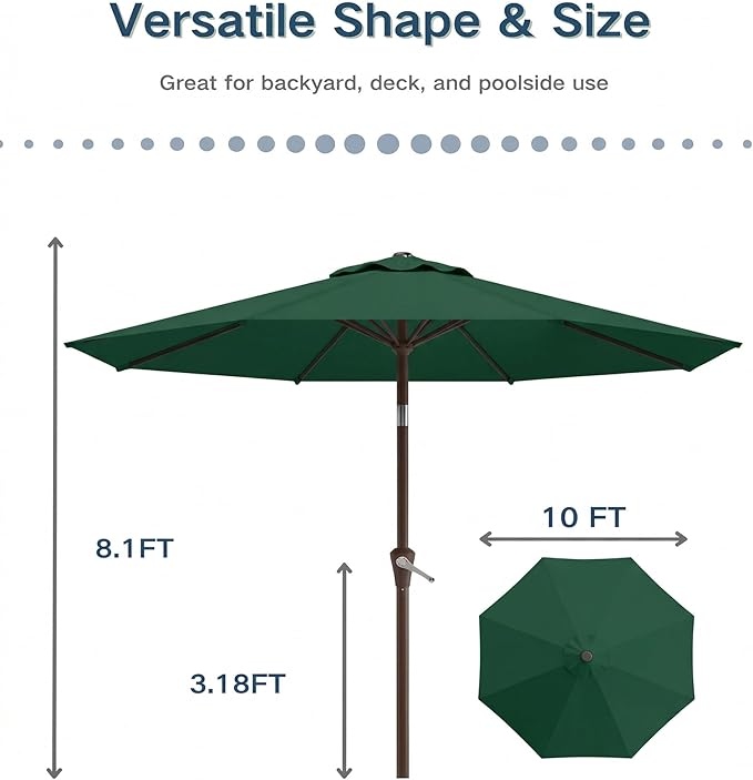 PatioKingdom 10FT Patio Umbrella with Push Button Tilt and Crank, Outdoor Market Umbrella with 8 Fiberglass Ribs, UV Protection Table Umbrella for Pool,Backyard,Garden,Deck