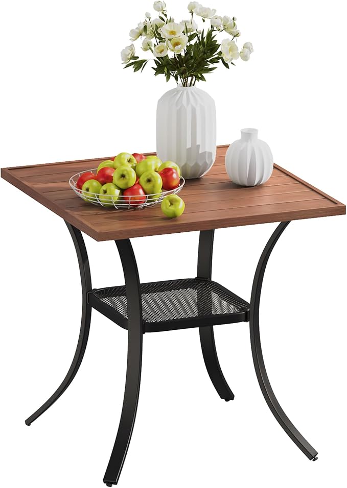 VICLLAX Small Patio Dining Table for 2, Square Metal Slatted Tabletop with Storage Shelf for Front Porch Lawn Garden, Walnut Tabletop(No Umbrella Hole)