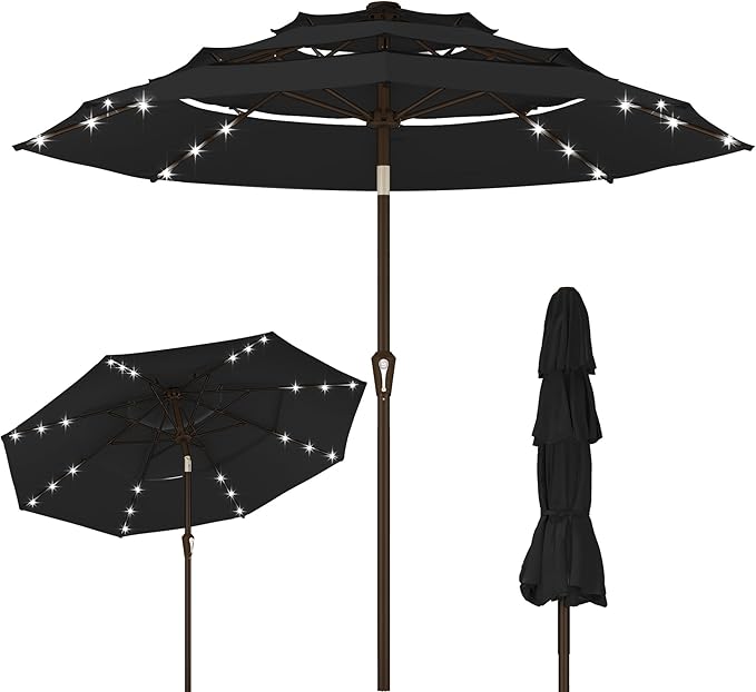 Kingdura 9ft 3-Tier Patio Umbrella with Solar Lights, Table Umbrella Outdoor Patio with Easy Crank & Tilt, 8 Sturdy Ribs, UV Protection, 32 LED Lights for Deck, Poolside, Market (Black)