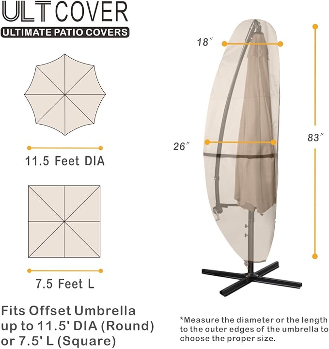 ULTCOVER Patio Parasol 600D Waterproof Outdoor Offset Banana Style Umbrella Cover - Fits Cantilever Offset Umbrella 7.5-11.5 Feet