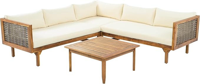 LUMISOL 4-Piece Outdoor Acacia Wood Sofa Set with Water Resistant Cushions, All Weather Patio Conversation Set with Coffee Table for Garden, Backyard, Poolside, Teak+Beige
