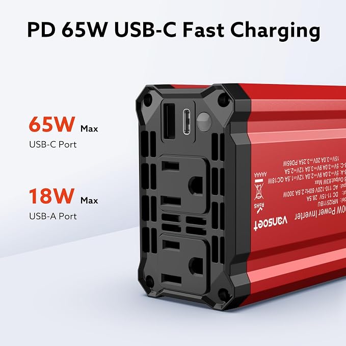 【2026 Upgraded】 300W Car Power Inverter - vansoet DC 12V to 110V AC(2 Outlets) Power Inverters with PD65W & QC18W Fast Charging Port - Car Charger Cigarette Lighter Adapter for Laptop/Phone/Road Trip