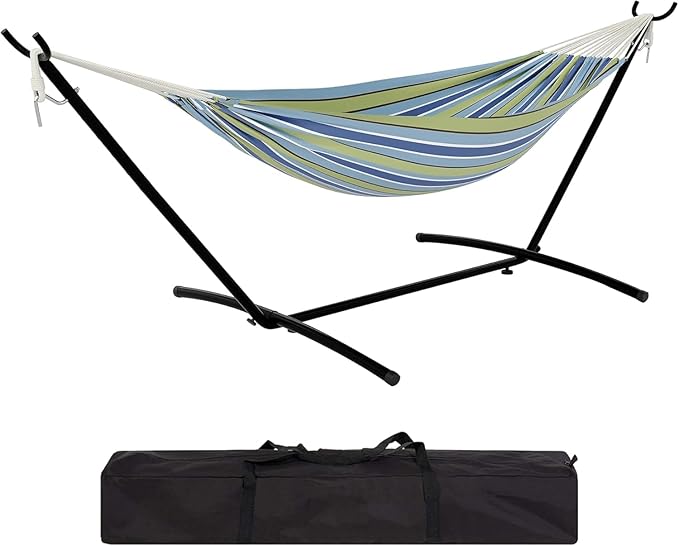 Double Hammock,Outdoor Portable Hammocks, Heavy Duty Hammock with Space Saving Steel Stand Included and Carry Bag, 450lb Capacity Standing Hammocks for Outside Garden Yard