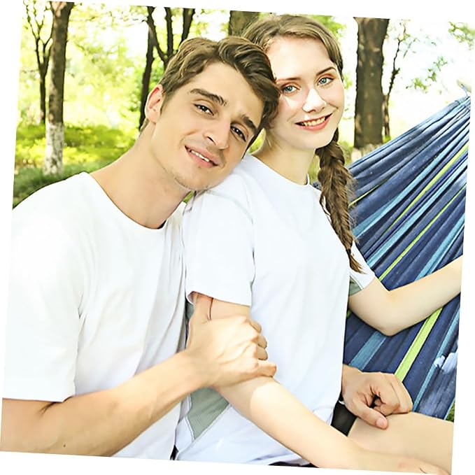 Toddmomy Double Camping Hammock for Two Adults, Blue Widened Canvas Hanging Swing, Thickened Portable Outdoor Travel and Garden Hammock with Reinforced Straps