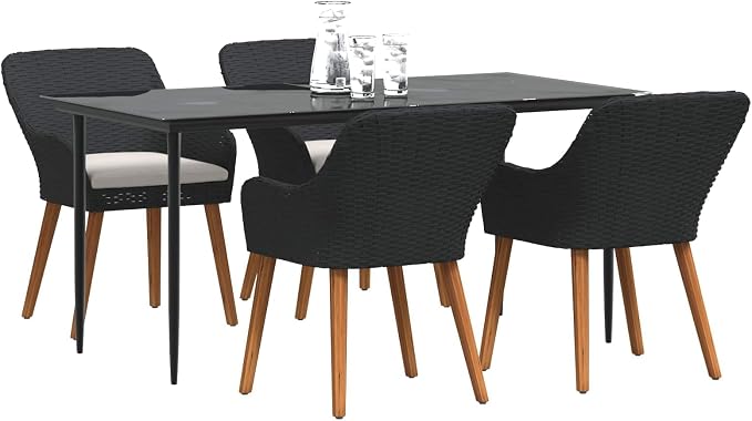 BOWERY HILL 5 Piece Poly Rattan Patio Dining Set, Black Finish, Cushioned Chairs, Tempered Glass Tabletop, Weather-Resistant, Seating for 4, Modern Outdoor Furniture for Garden or Patio Dining