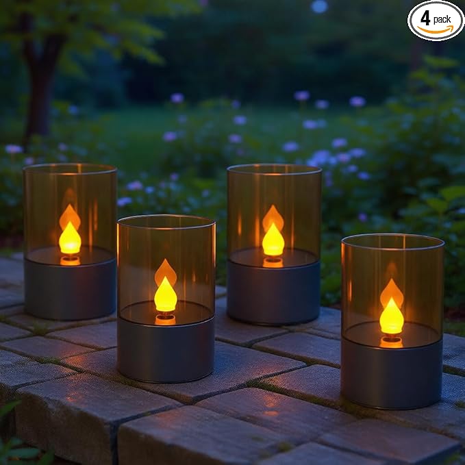 Bright Zeal 4.5" 4-Pack Brown Solar Flickering Candle Lights – Waterproof LED Flameless Pillar Candles for Outdoor Pathway, Garden & Patio, Battery Operated Decorative Lights for Spring & Summer