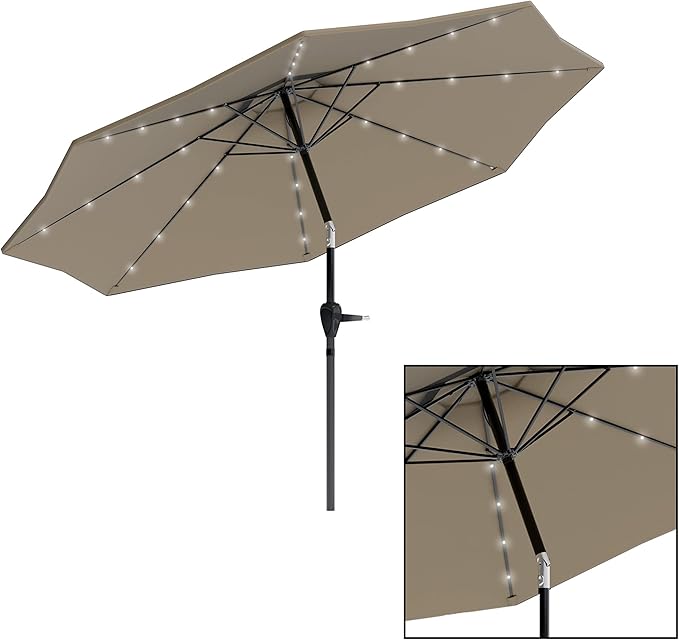 Pure Garden Patio Umbrella with Lights - 10 ft Outdoor Sun Shade Canopy with 32 Solar LEDs - UV 30+ Protection LED Umbrella (Sand)