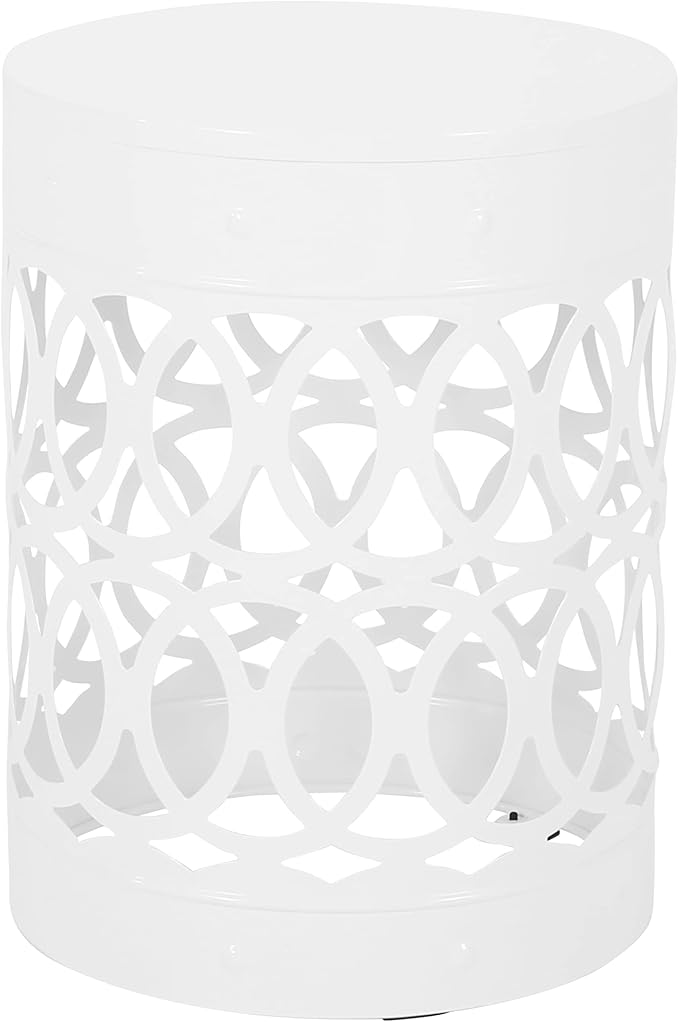 Outdoor Metal End Table Large, White Iron Side Table with Geometric Cut Design, Round Patio Accent Table No Assembly Required, Weather Resistant for Garden Balcony Porch (White)