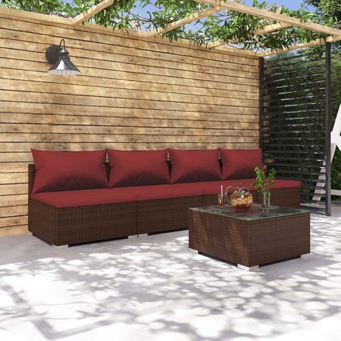 5 Piece Patio Lounge Set with Cushion, Outdoor Patio Sectional Furniture Conversation Sets Piece Patio Set Patio Lounge Set s Poly Rattan Brown
