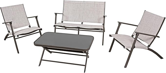Four Seasons Courtyard Novara 4 Piece Steel Folding Outdoor Patio Furniture Conversation Set with 2 Patio Chairs, 1 Loveseat, and Table, Tan/Espresso
