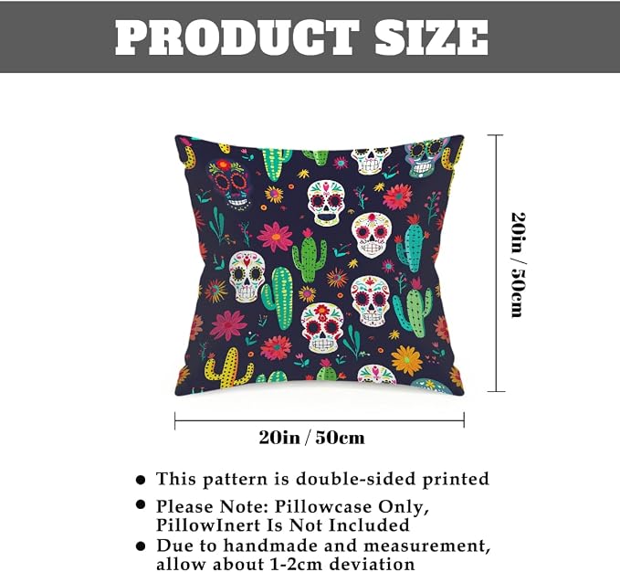 20x20 Inch Outdoor Pillow Covers Set of 2 Waterproof Throw Pillow Covers Decorative Couch Cushion Covers Mexican Skulls Cacti Flowers Square Pillowcases Protectors for Patio Garden Sofa