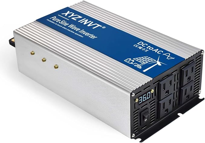 1800W Pure Sine Wave Power Inverter DC 24V to AC 110V 120V, 3600W Peak Power with 4 AC Outlets and LED Display for Car, Truck, Solar, Home Off Grid Over 90% Efficiency