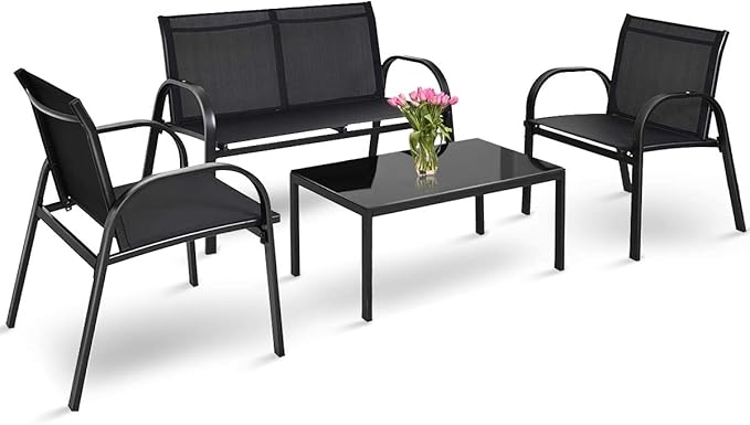 Tangkula 4 Pieces Patio Furniture Set, Metal Frame Heavy Duty Outdoor Conversation Set, Includes Glass Top Coffee Table, 2 Armrest Chairs and Loveseat, Suitable for Lawn Garden Porch Balcony Backyard