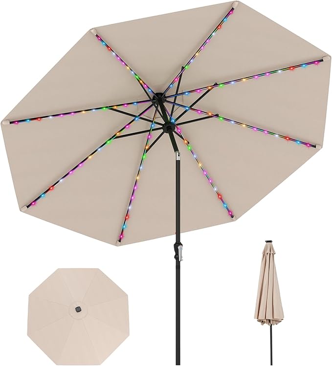 Tangkula 10 FT Solar Patio Umbrella, Outdoor Market Table Umbrella with 96 Multi-Colored Flowing LED Lights, 9 Modes, Tilt Adjustment, Crank Handle, 8 Ribs, Vented Top for Backyard Poolside Deck Lawn