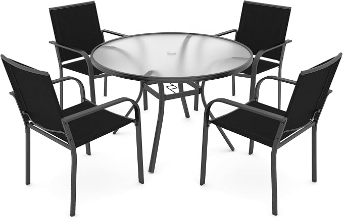 Anmutig 5-Piece Outdoor Patio Dining Set, 40-Inch Round Glass Table with 4 Stackable Chairs, Black