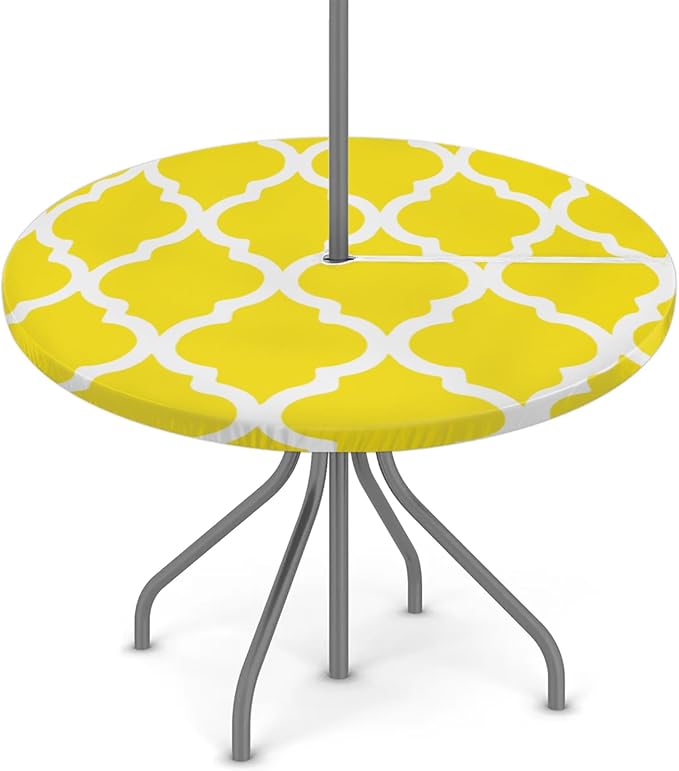Fitted Round Tablecloth with Umbrella Hole and Zipper Yellow Moroccan Outdoor Elastic Table Cloth 45"-56" Oil-Proof Waterproof Morocco Geometric Patio Table Cover for Dining Picnic Party