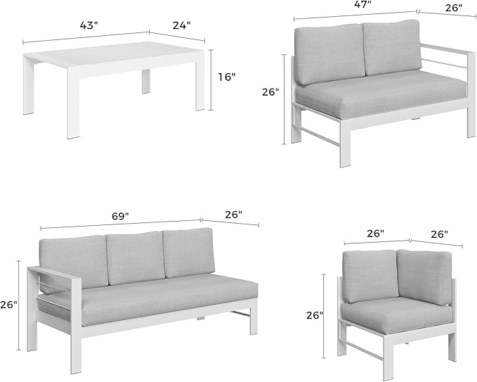 Solaste Aluminum Patio Furniture Set, Metal Patio Sectional Sofa with Imitation Wood Tabletop Coffee Table, Modern Outdoor Furniture Couch with Water-Resistant Cushion for Balcony Backyard, White