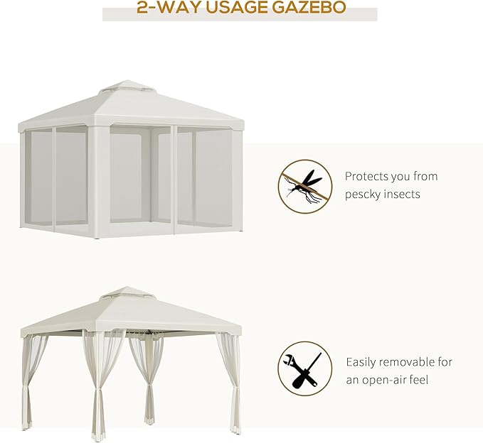 Outsunny 9.6' x 9.6' Patio Gazebo, Outdoor Canopy Shelter with 2-Tier Roof and Netting, Steel Frame for Garden, Lawn, Backyard, and Deck, Cream White