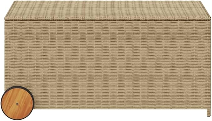 Outdoor Garden Storage Box with Wheels, Wicker Patio Deck Box, Outdoor Rattan Storage Container, Mix Beige 50.2 Gal Poly Rattan