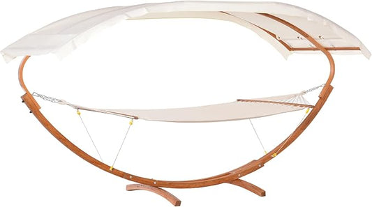 GOWE Outdoor Hammock with Stand & Accessories, Heavy Duty Wooden Frame, Extra Large Sun Shade Canopy, Indoor Outside Boho Style Nap Bed, Natural Cotton, White
