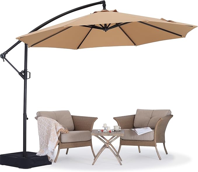 ABCCANOPY 10FT Cantilever Patio Umbrella with base included, 360° Rotation Outdoor Offset Umbrella Bonus Fix Frame & Weights Bag for Backyard, Deck, Poolside (Khaki)